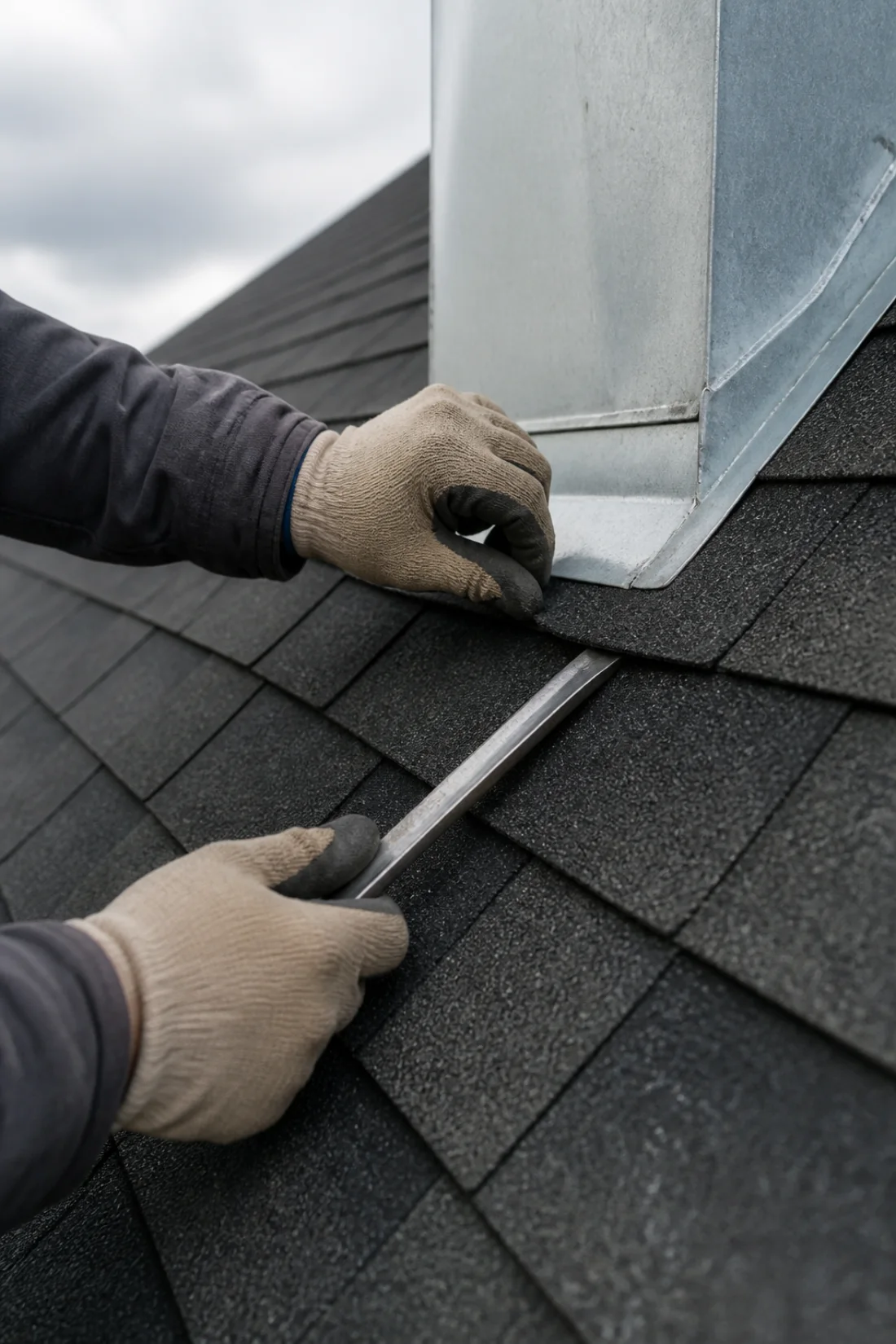 Gloved hands inspecting roof flashing and asphalt shingles