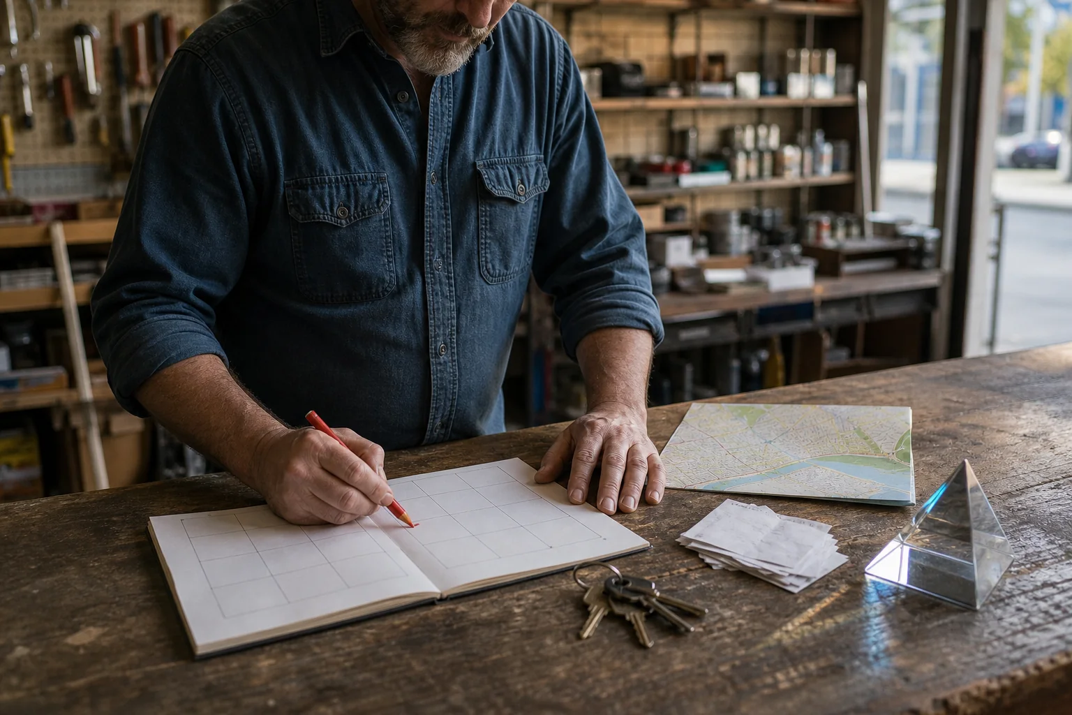 A hardware store owner marks a weekly planner beside shop keys, receipts, a street map and a small glass prism