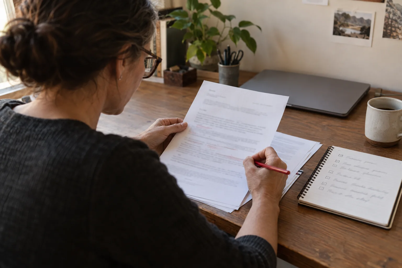 A local business owner marks up a printed agency proposal beside a checklist