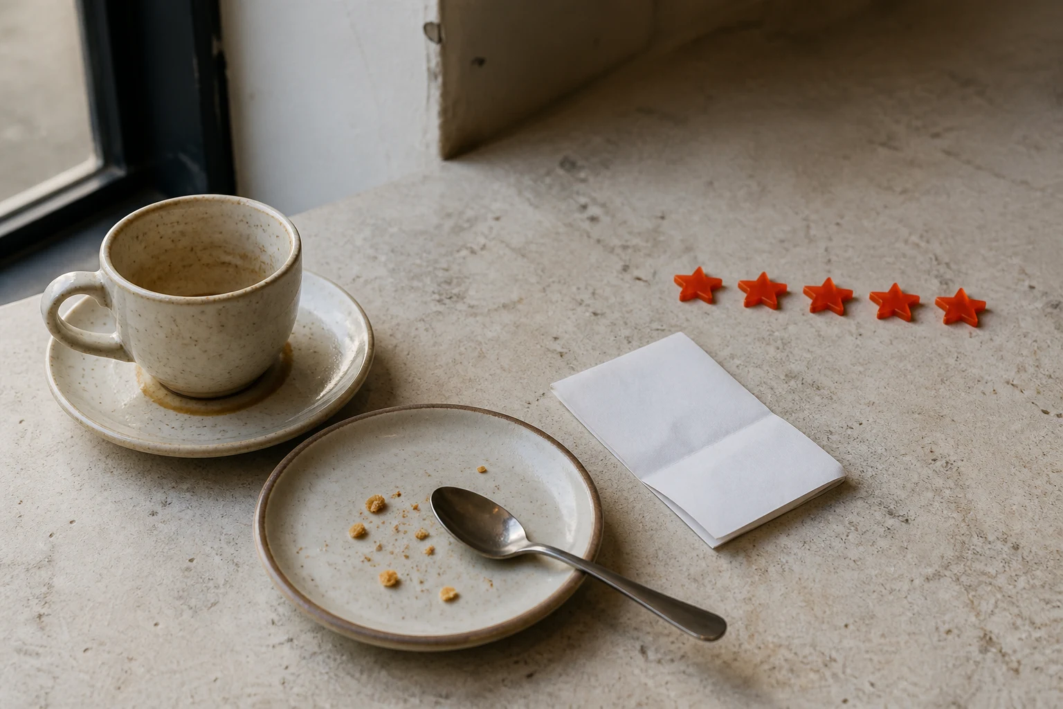 A used cafe cup and plate beside five pristine orange star tokens, contrasting a real visit with manufactured praise