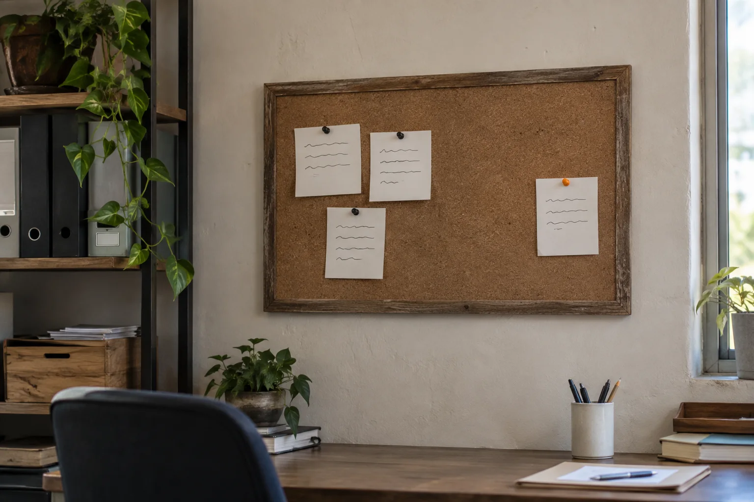 Four customer feedback notes on a local business office board, with three grouped and one set apart