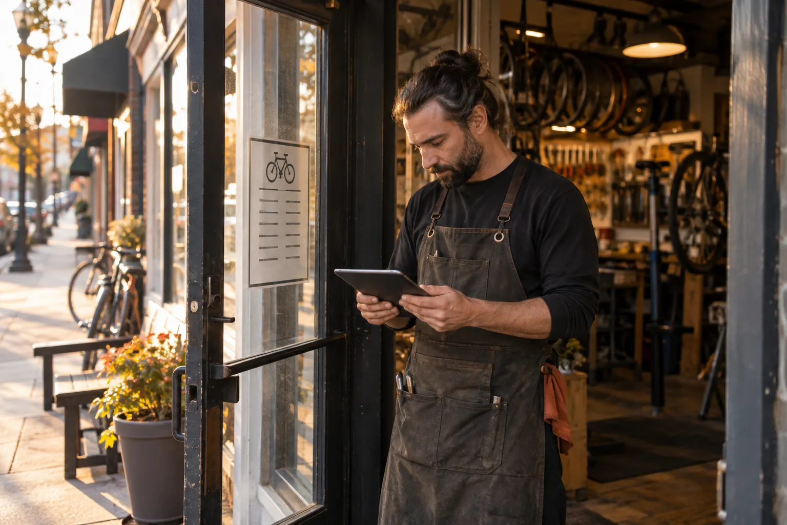A bicycle repair shop owner checks public business details against the hours posted at the door