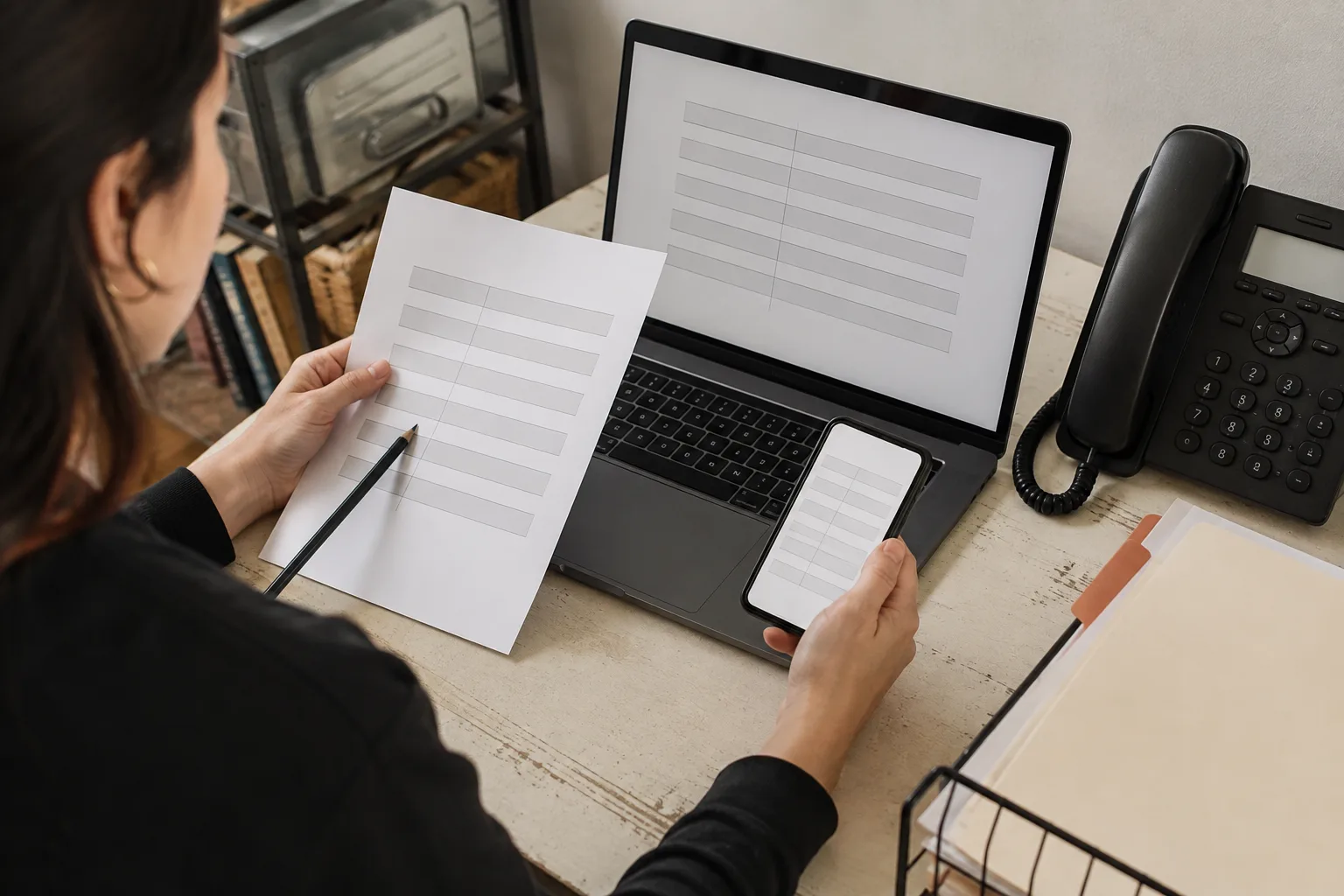 A business owner comparing information on a laptop, printed sheet and phone