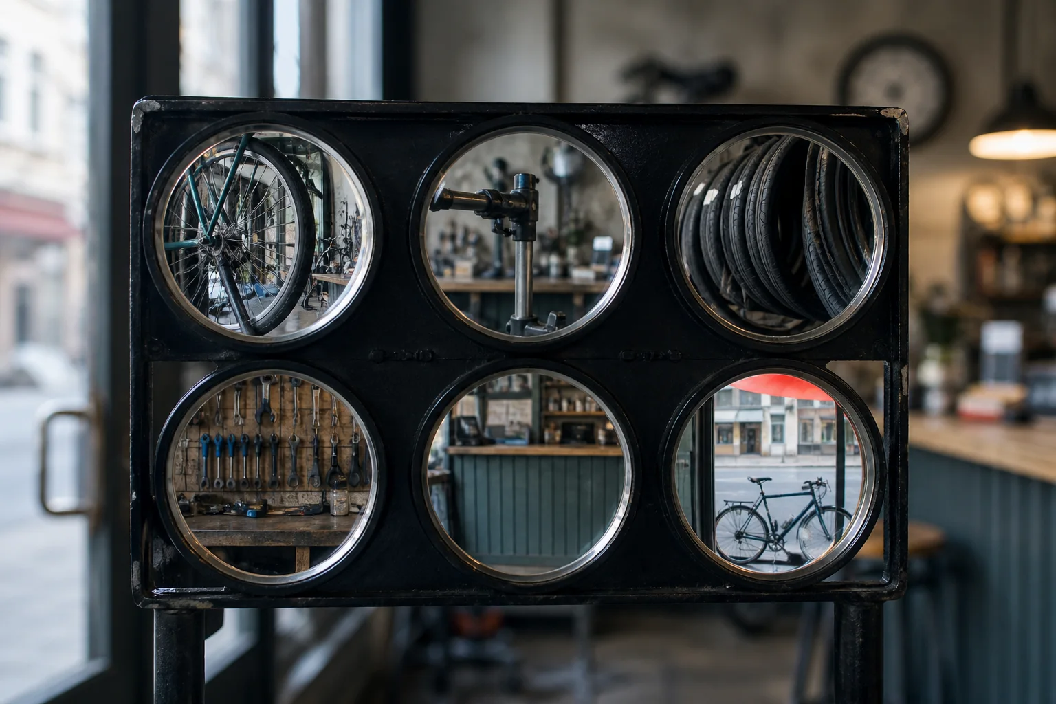 Six optical lenses bringing different details of the same bicycle repair shop into focus