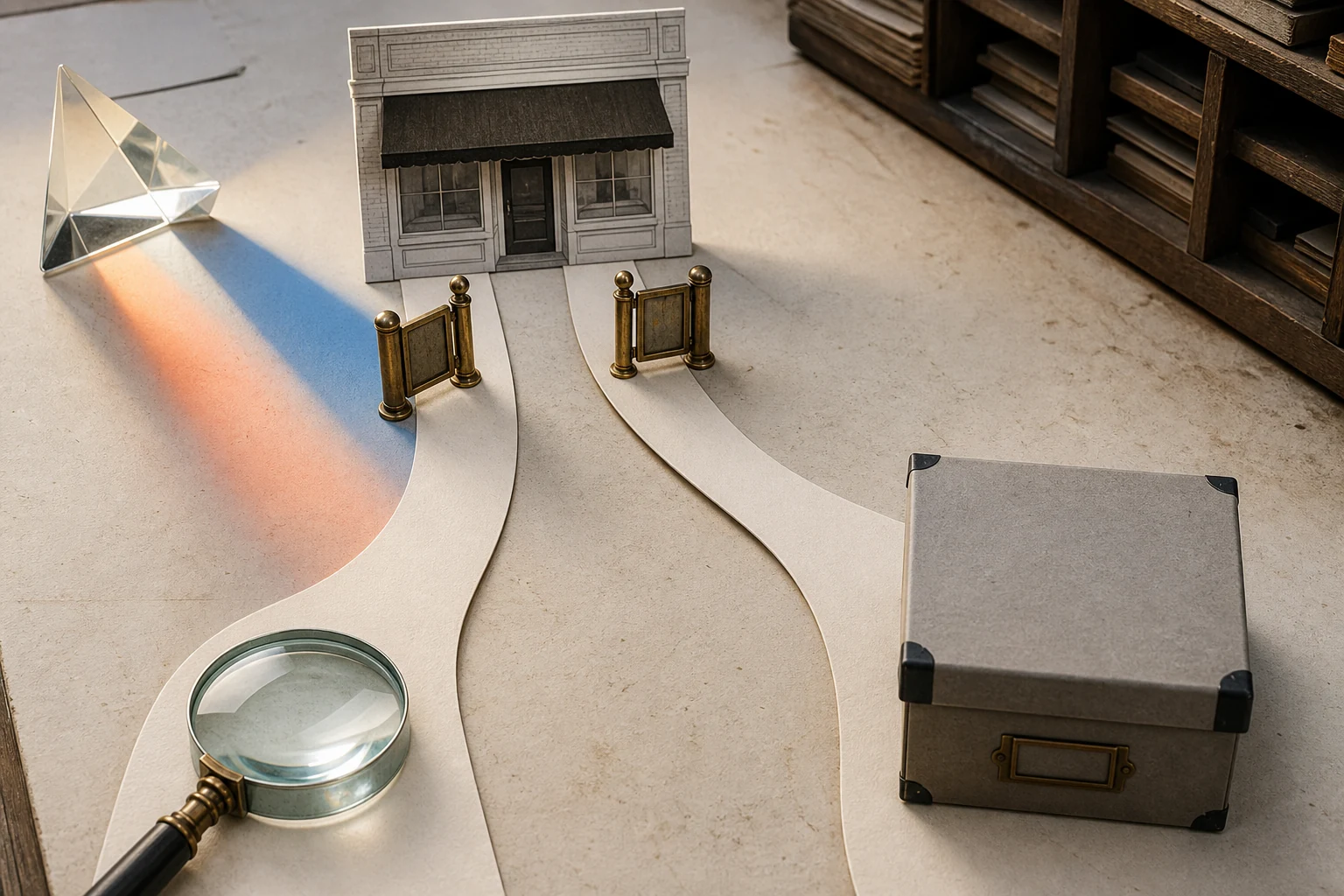 Two independent paper paths lead from a model local storefront through brass gates toward a lens and an archive box