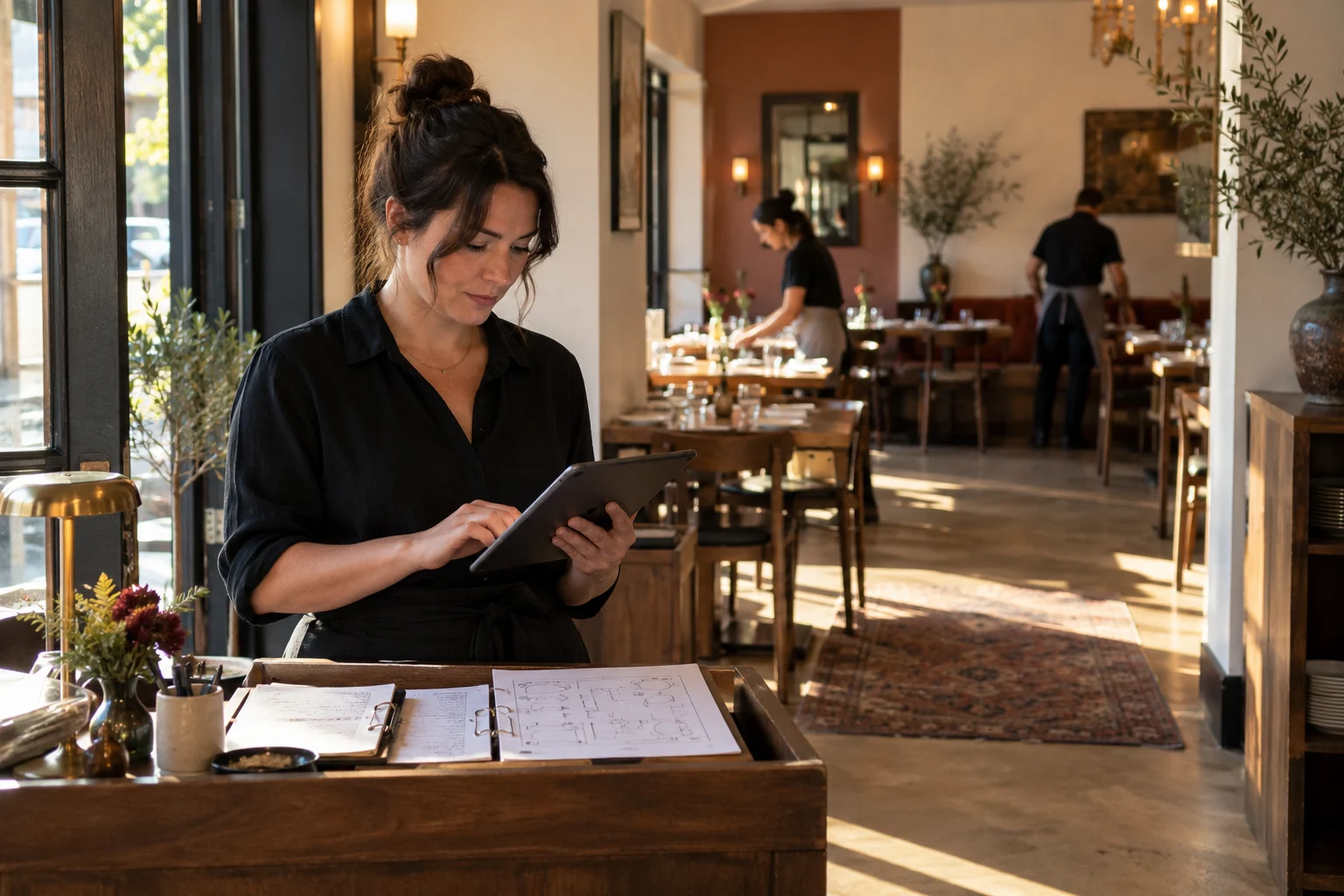 A restaurant host checks the evening reservation book on a tablet before service
