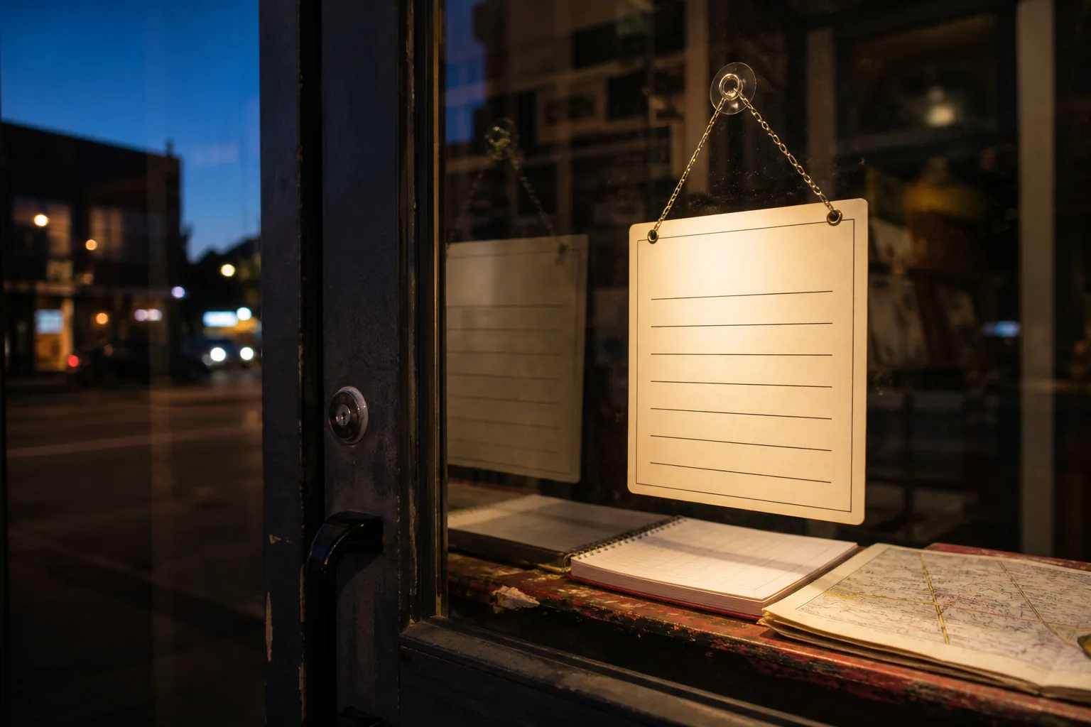 A blank hours placard, appointment book, and street map behind a local shop door at dusk