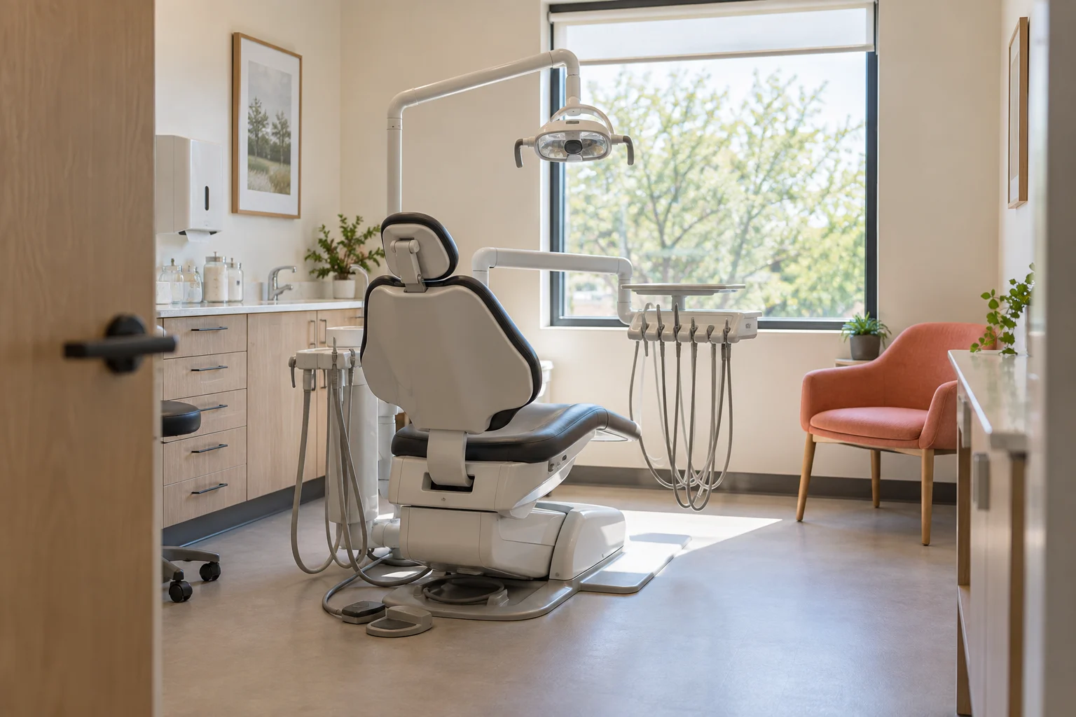 A quiet dental treatment room with an examination chair, broad doorway and warm natural light