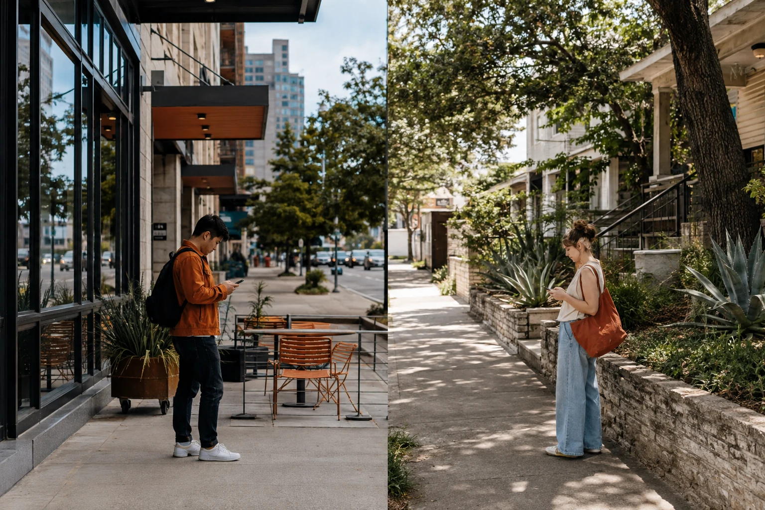Two people checking phones in different Austin neighborhoods