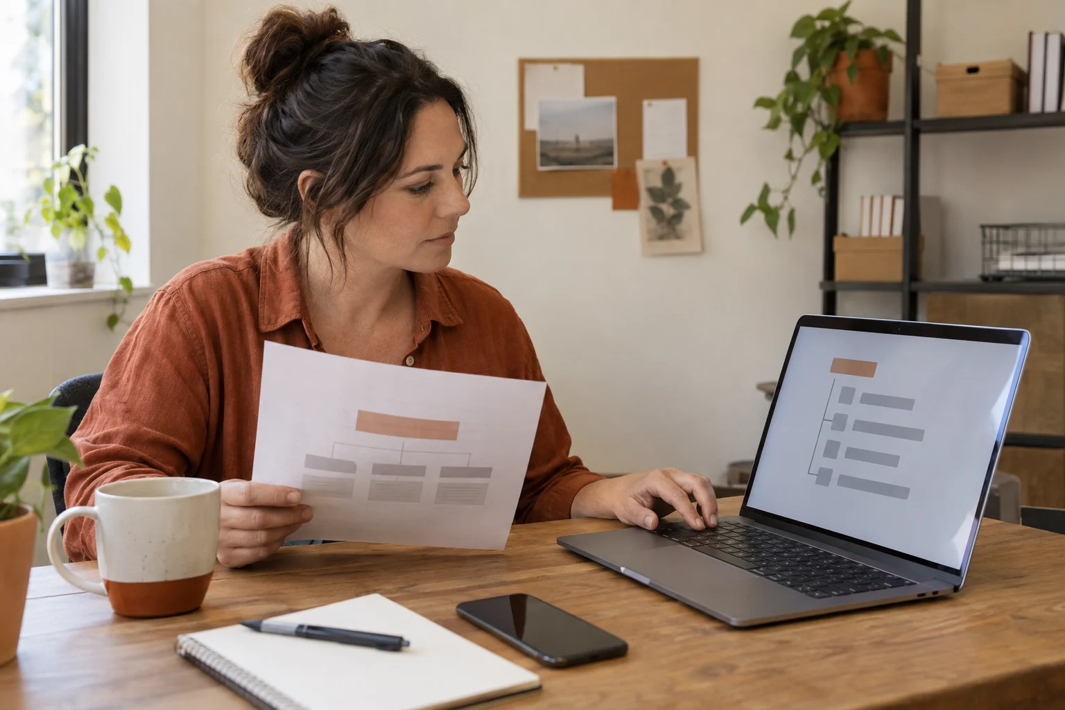 A small business owner comparing a printed website outline with a laptop