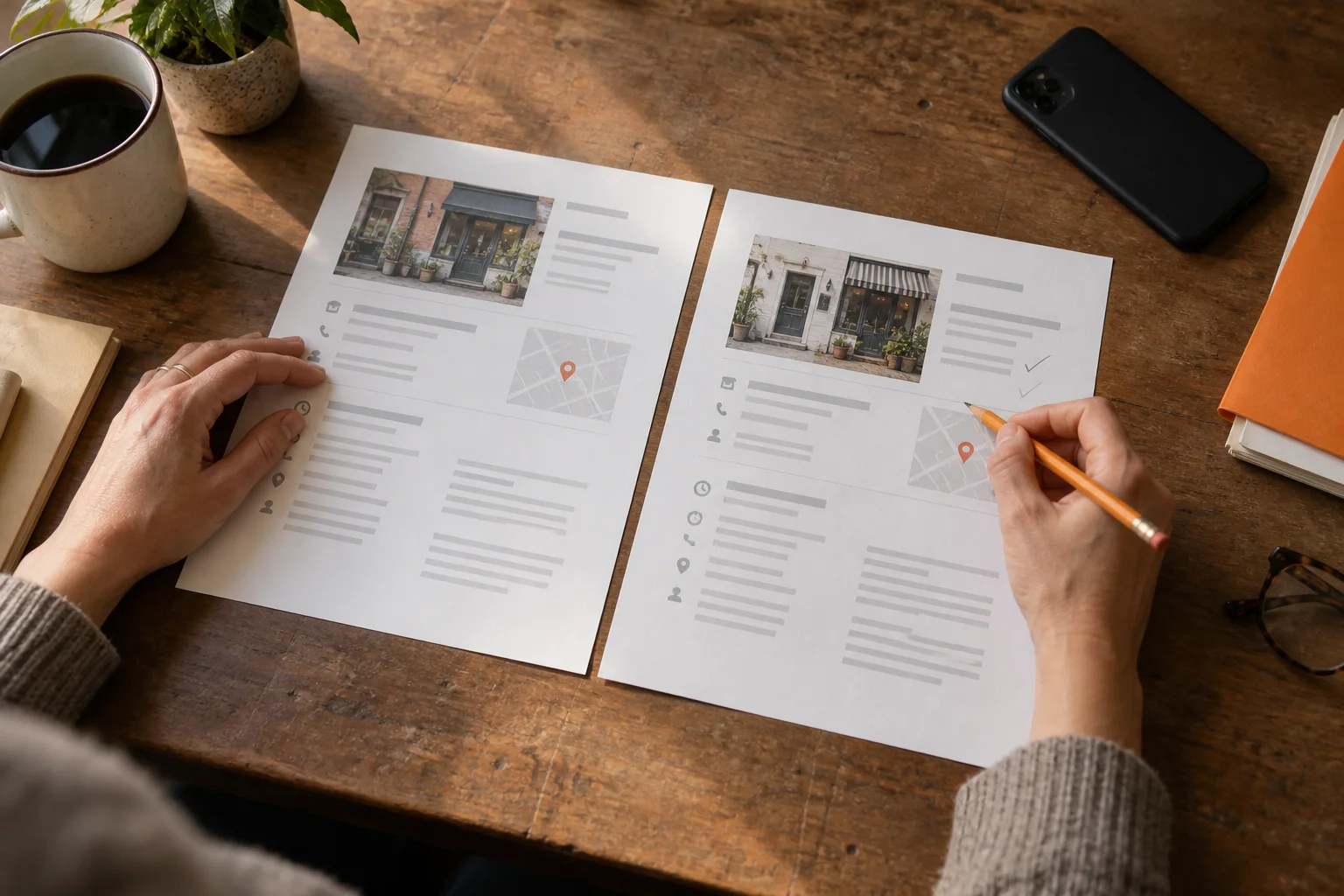 A business owner comparing two printed business profile records before making a correction