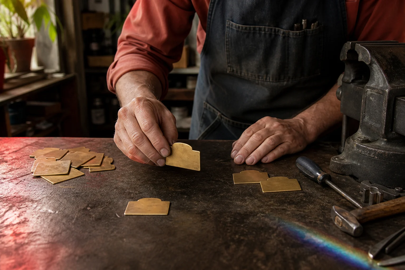 A local repair shop owner separates one brass index tab from a small group on a worn workbench