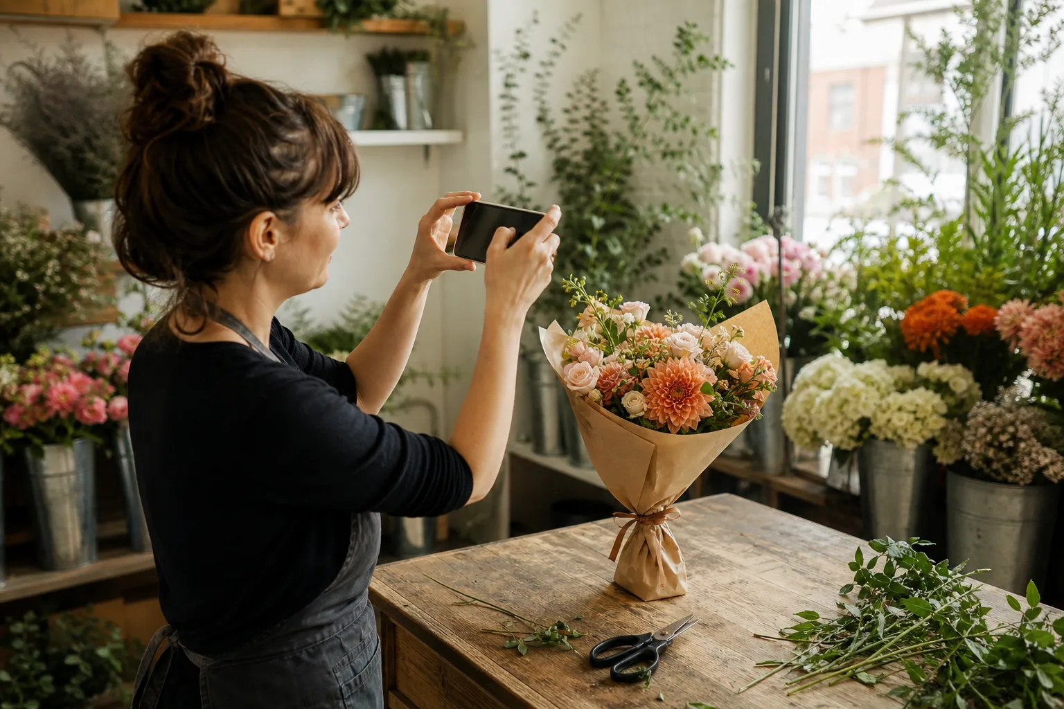 A florist photographs a finished bouquet on a wooden workbench inside her shop
