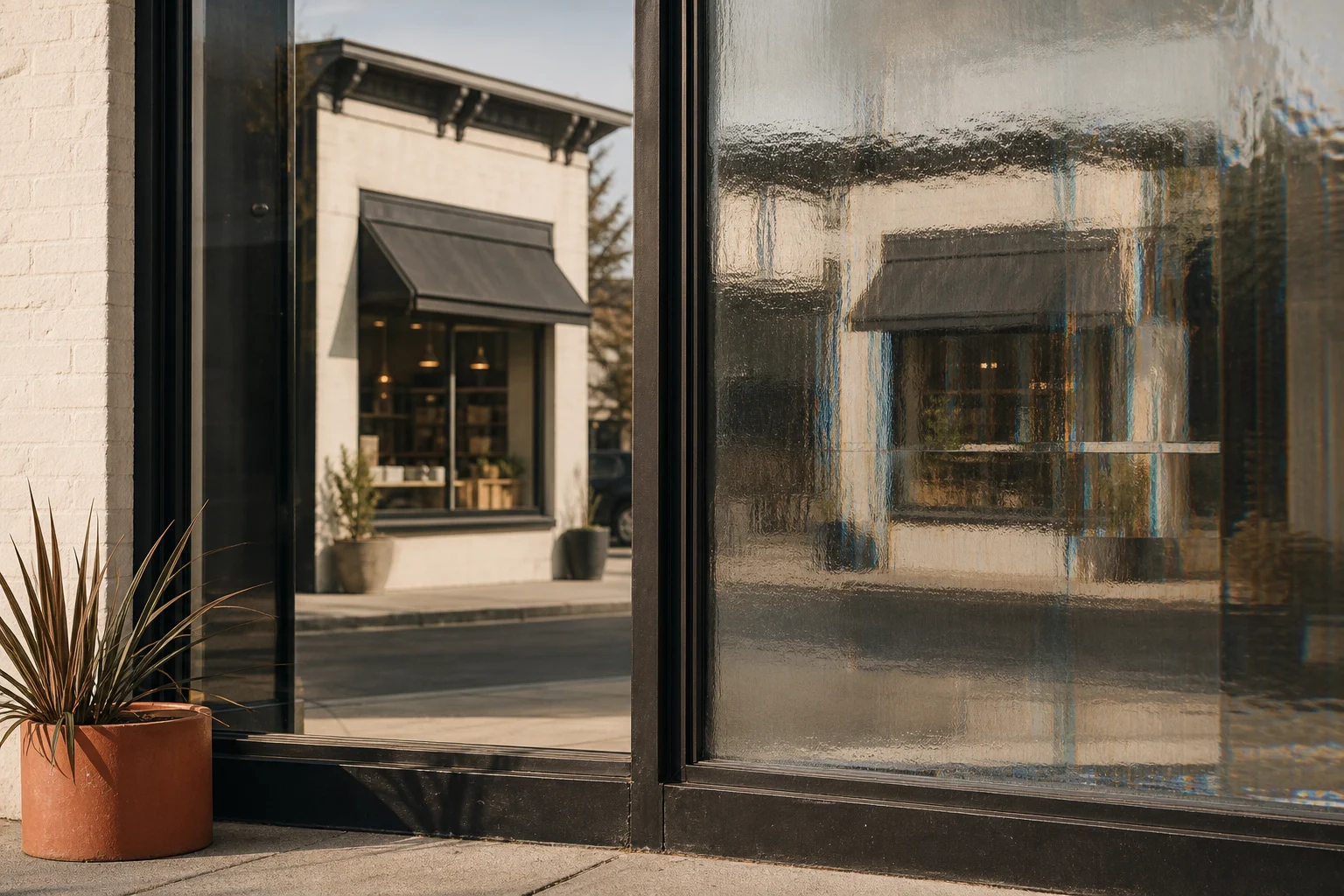 The same local storefront seen clearly through one window and refracted through another