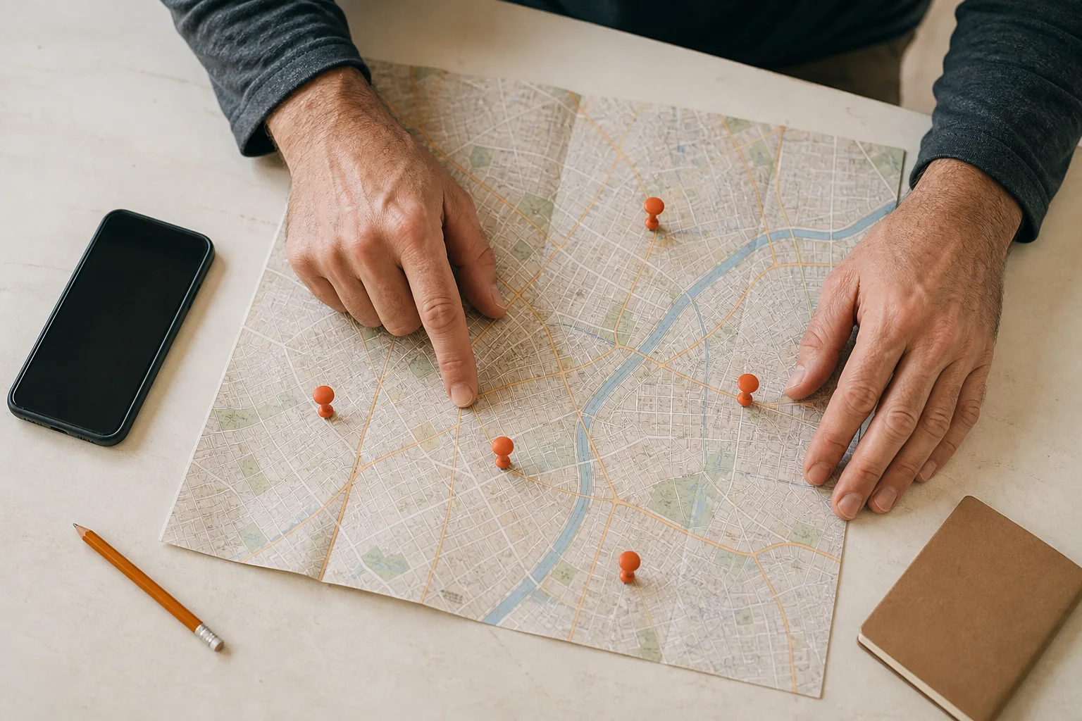 A local business owner comparing several areas on a paper city map beside a phone