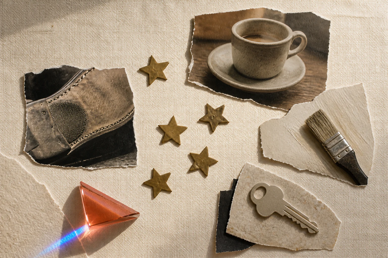 Five brass stars surrounded by torn photographs of local business work and a small coral glass prism