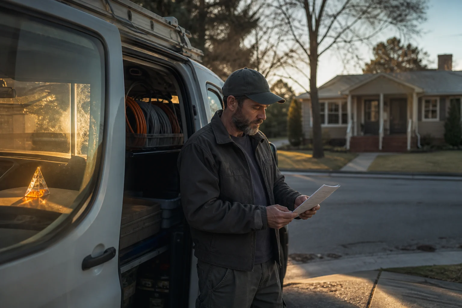 A home-service technician checks a work order beside an open service van before approaching a house