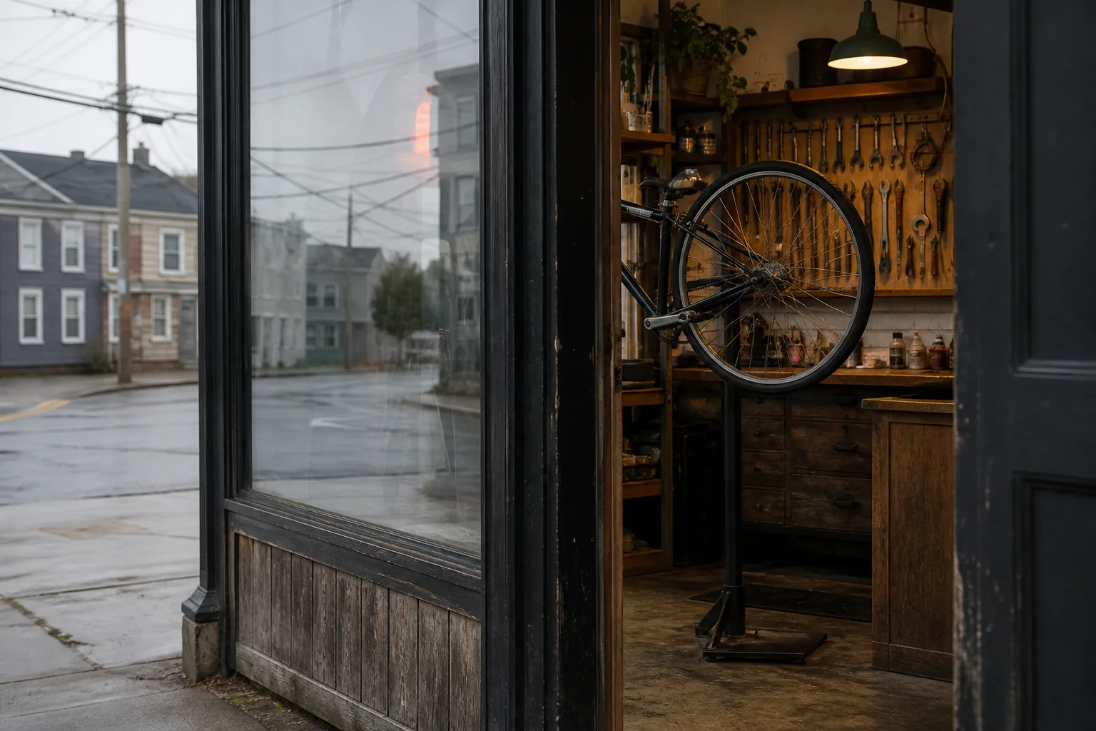 A bicycle repair shop whose tools and repair stand make the business clear through the front window