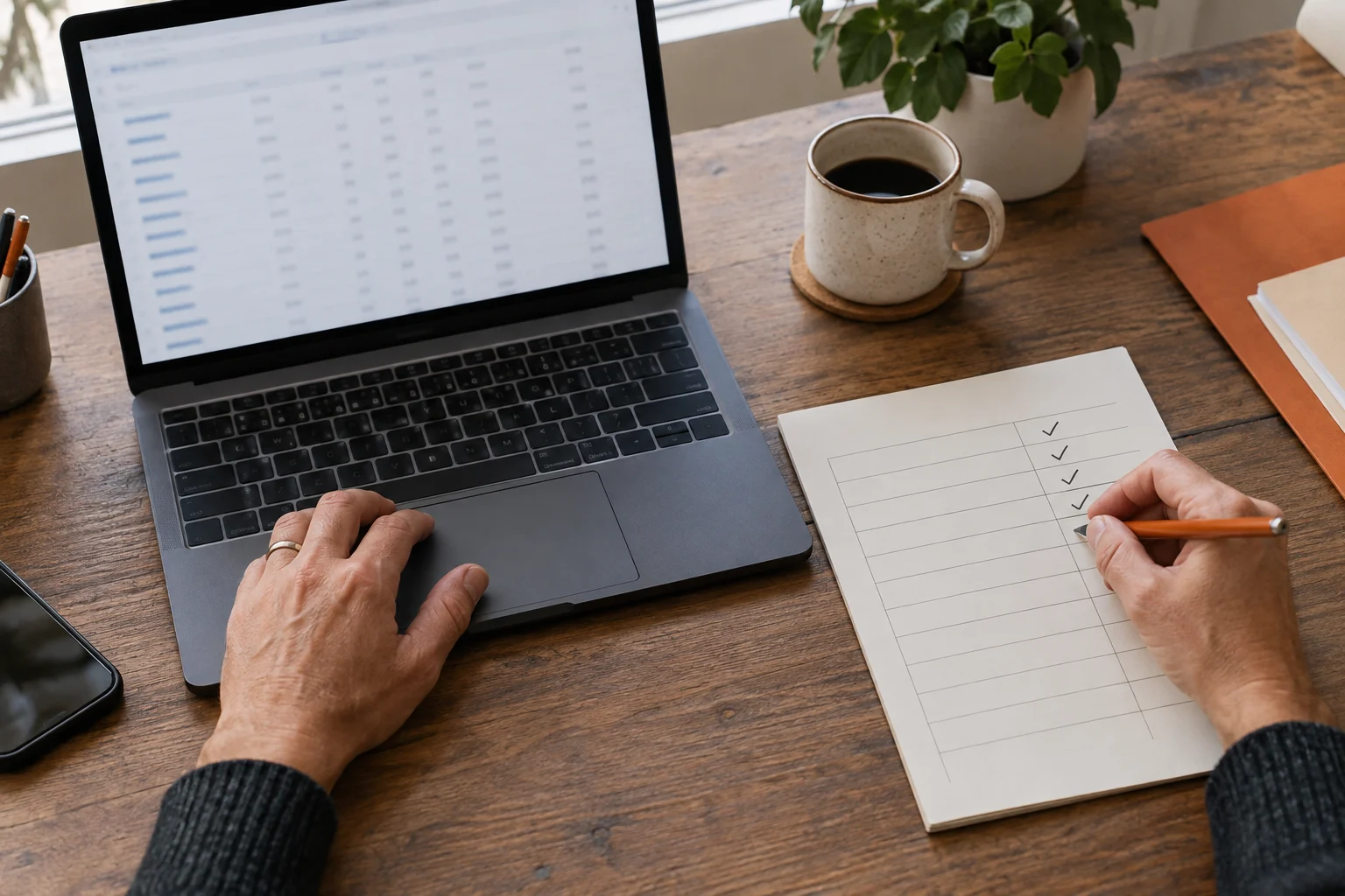 A business owner compares a website traffic report with a handwritten lead log
