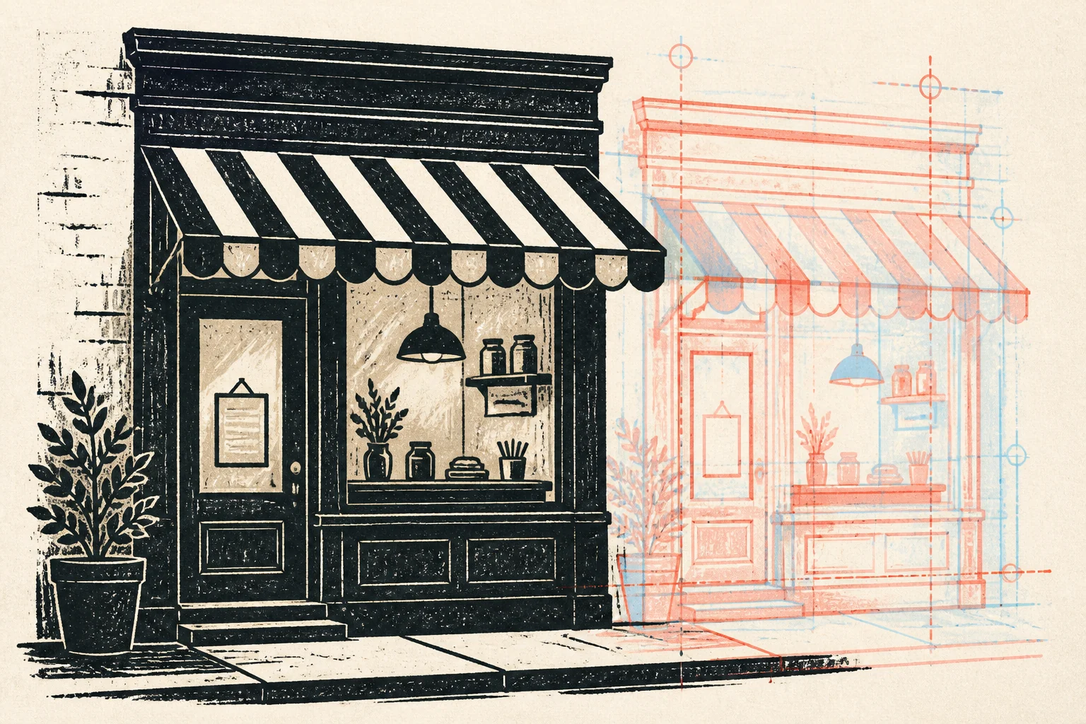 A hand-printed local storefront beside a coral and blue registration drawing of the same building