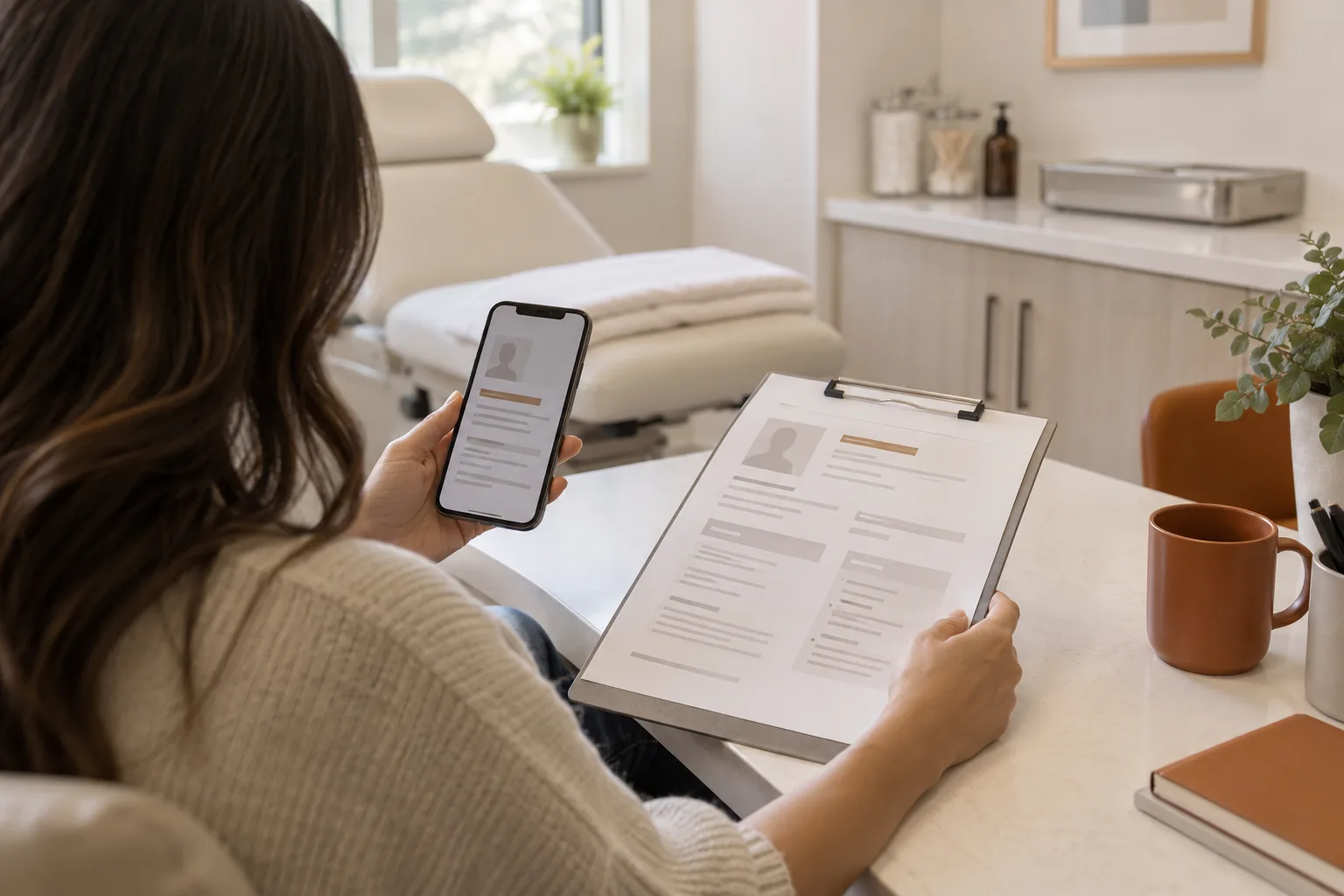 A patient compares a provider information sheet with a phone in a medical spa consultation room