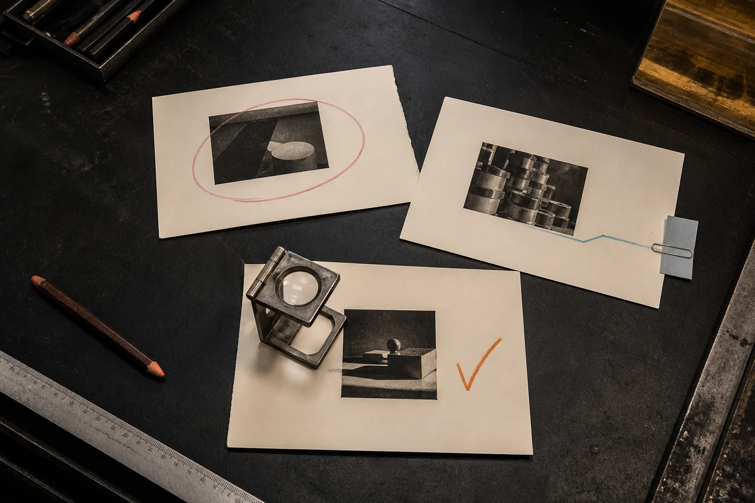 Three print proofs marked with a circle, a source line and a check mark on an inspection table