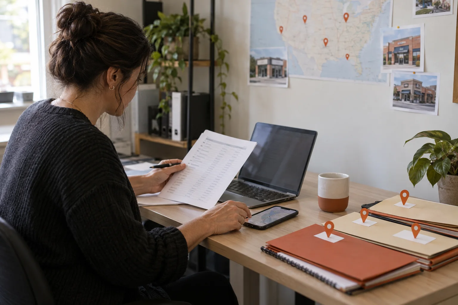 A regional operations manager comparing a location roster with branch records on a laptop and phone