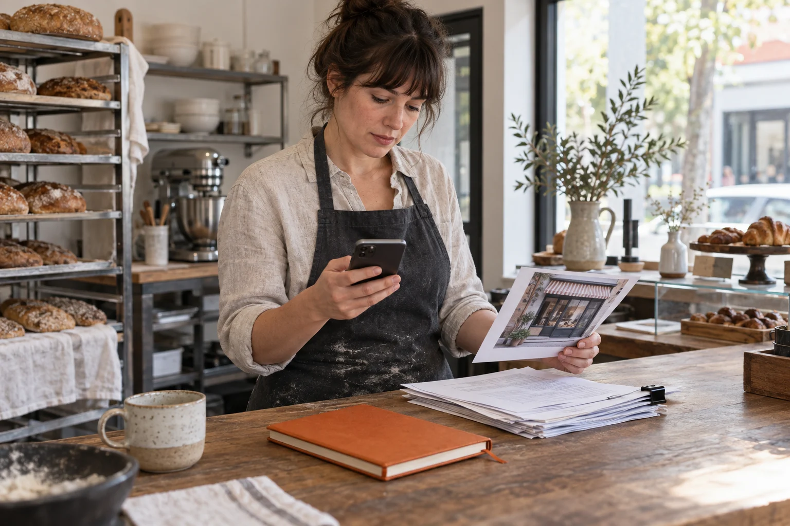 A bakery owner checking business information on a phone against storefront records