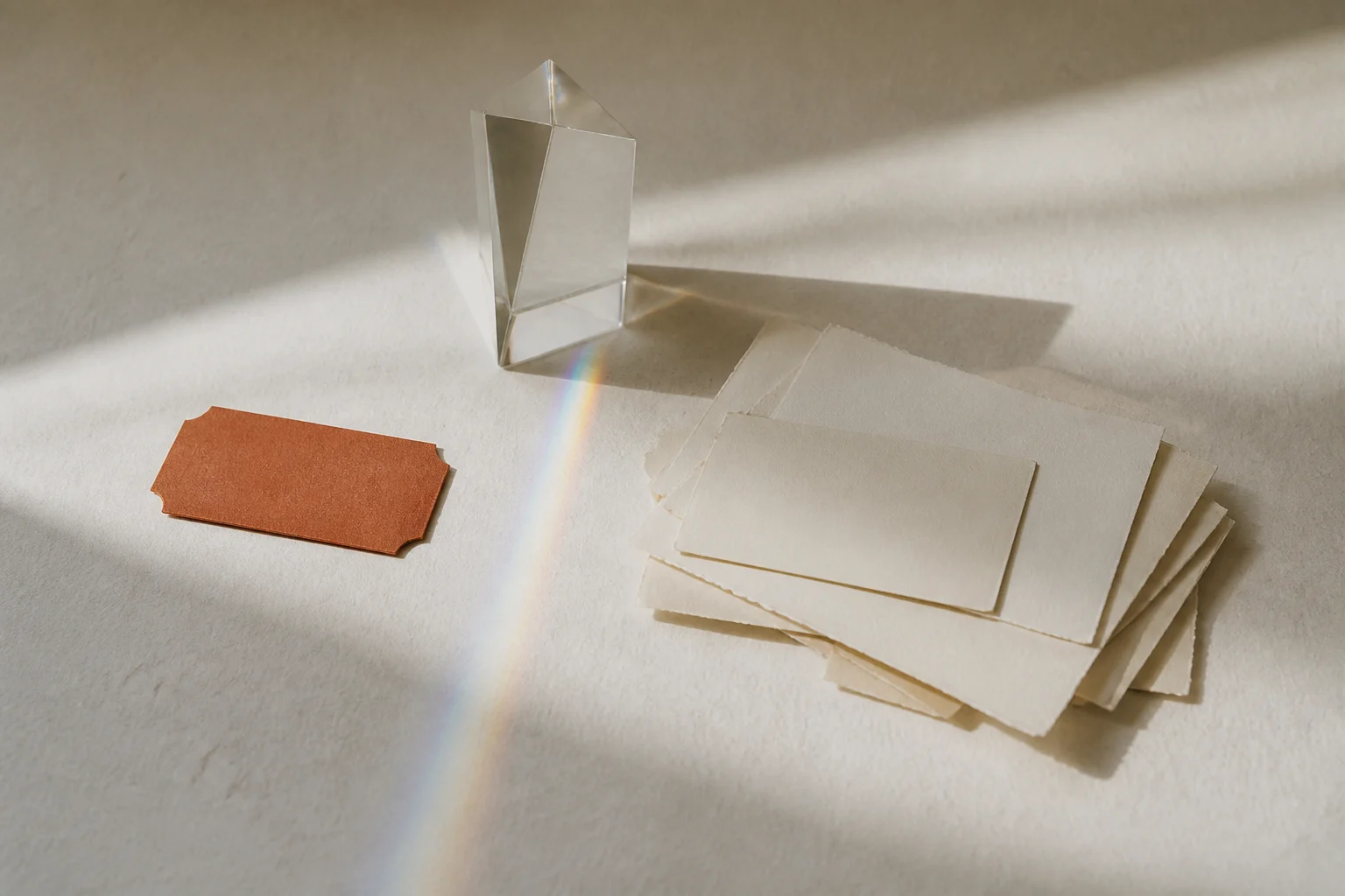 A burnt-orange paid ticket separated from a stack of cream recommendation notes by light from a glass prism