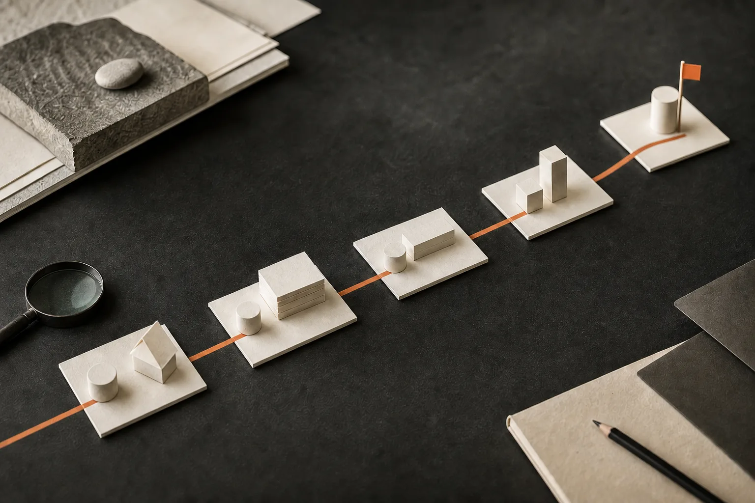 A physical roadmap of white forms connected by an orange path