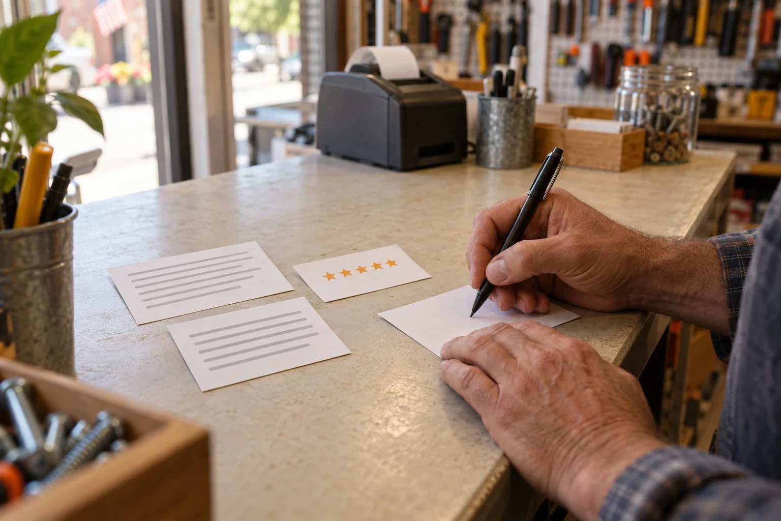 A hardware store owner writes a response beside a small set of customer feedback cards