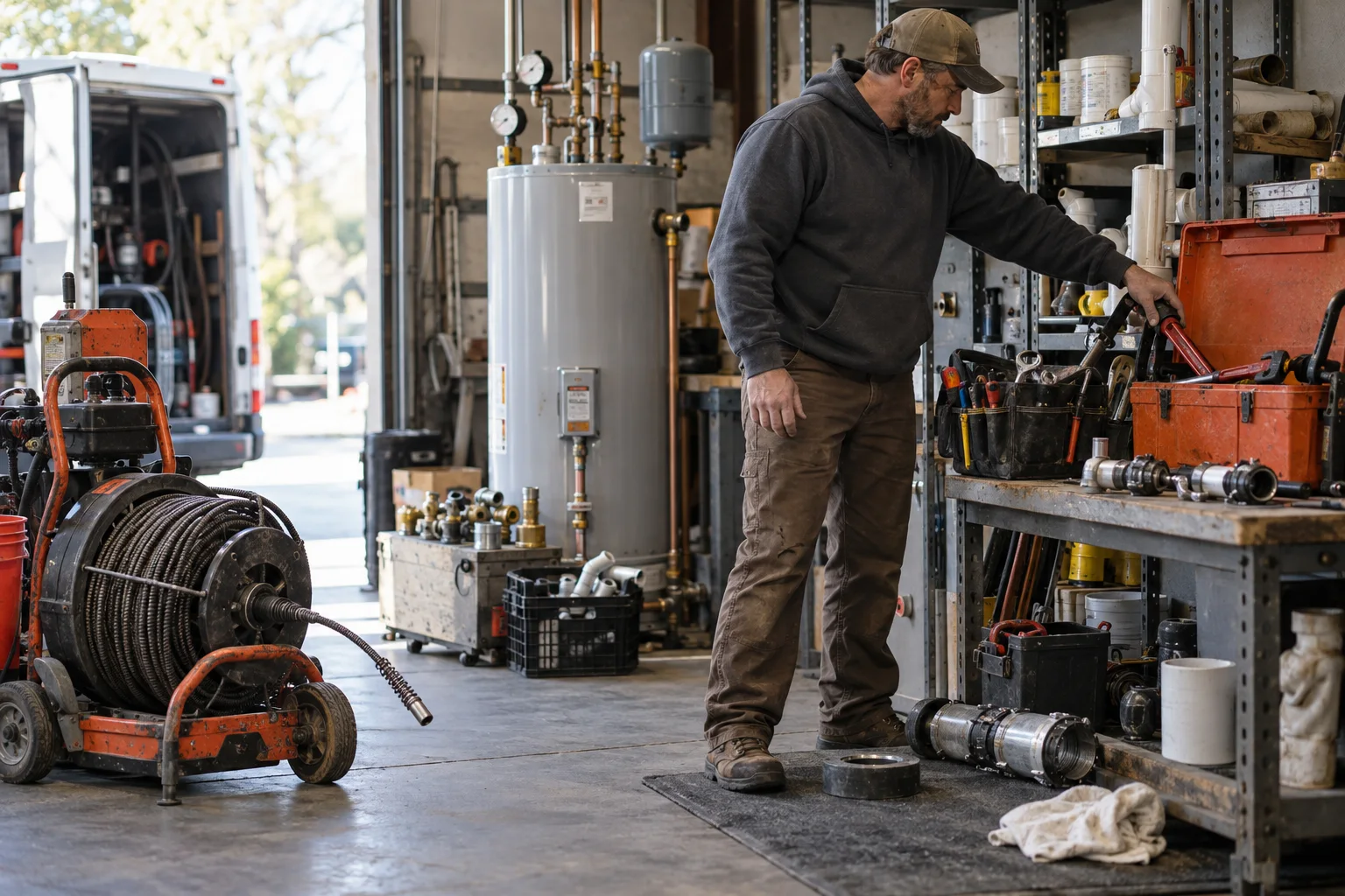 A plumber selecting tools for different service jobs in a local workshop