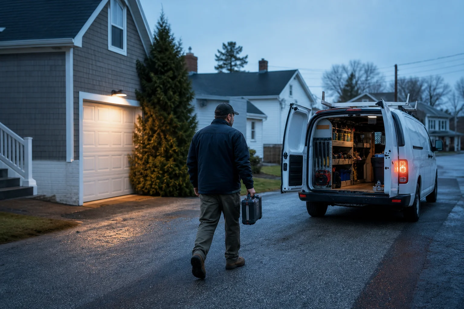 A mobile tradesperson carries a tool case from a residential home base to an open service van at dawn