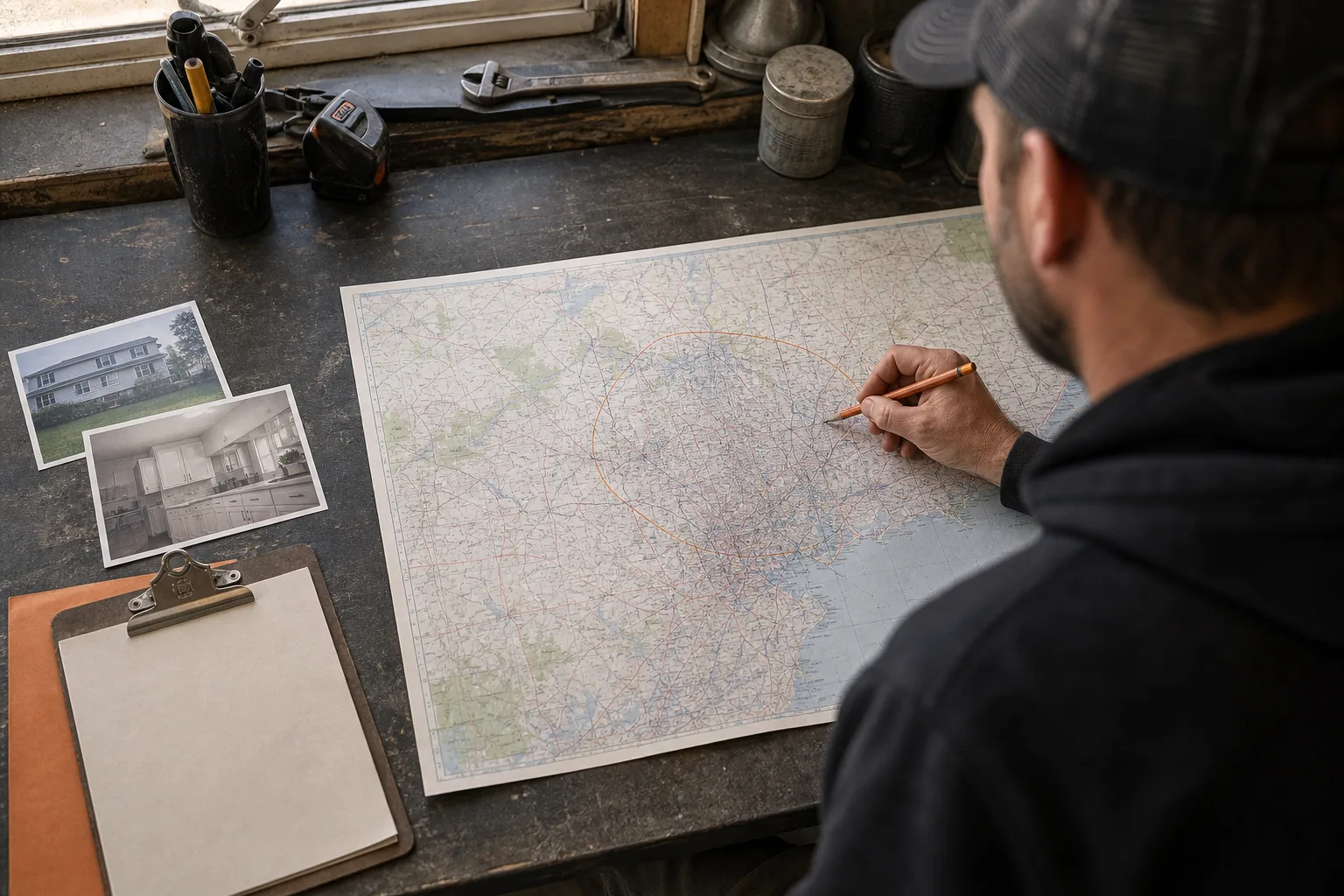 A contractor marks the area his crew can serve on a paper road map beside photographs of completed work