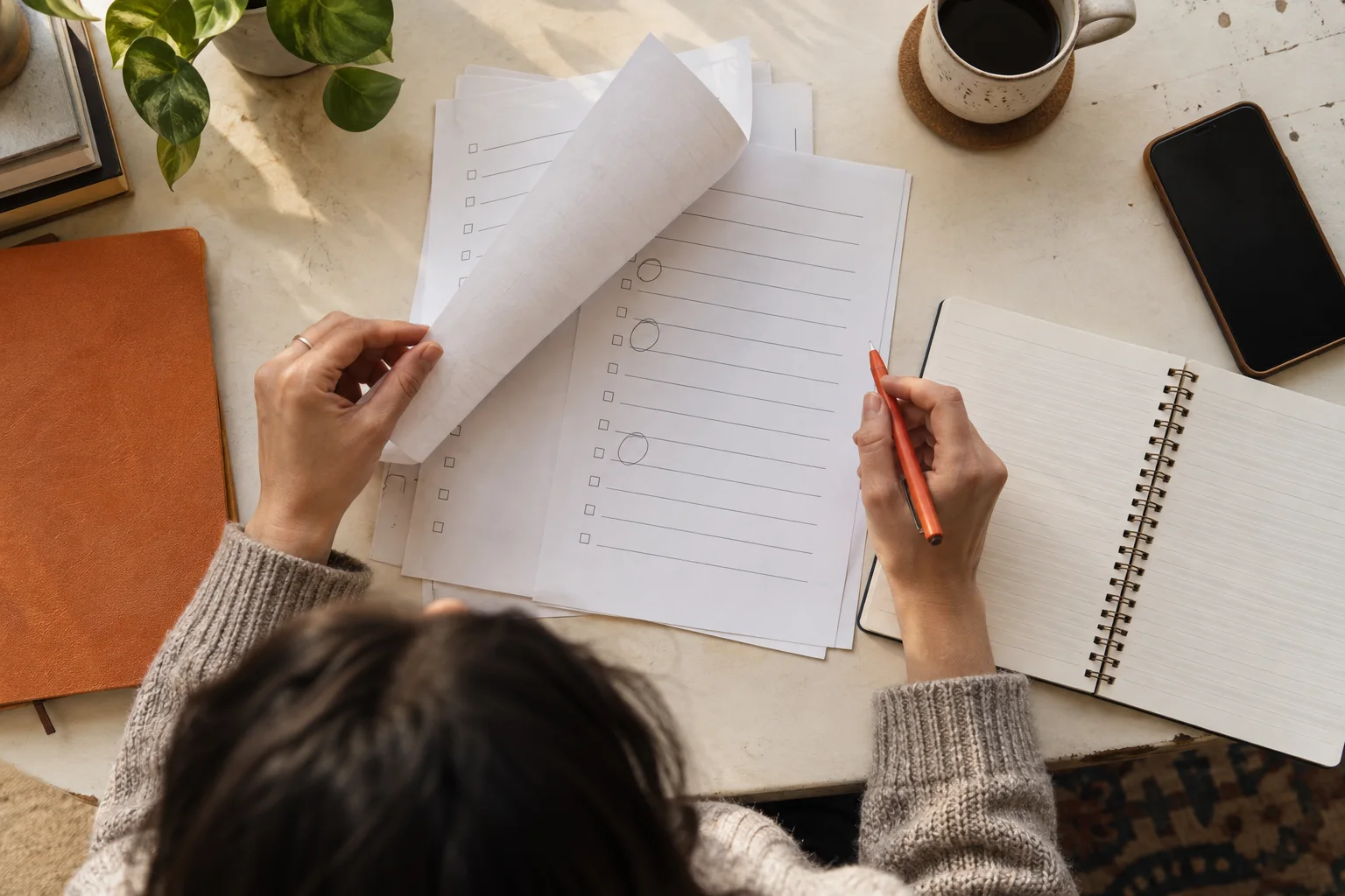 A business owner reviews a plain printed report with a pen at a work desk