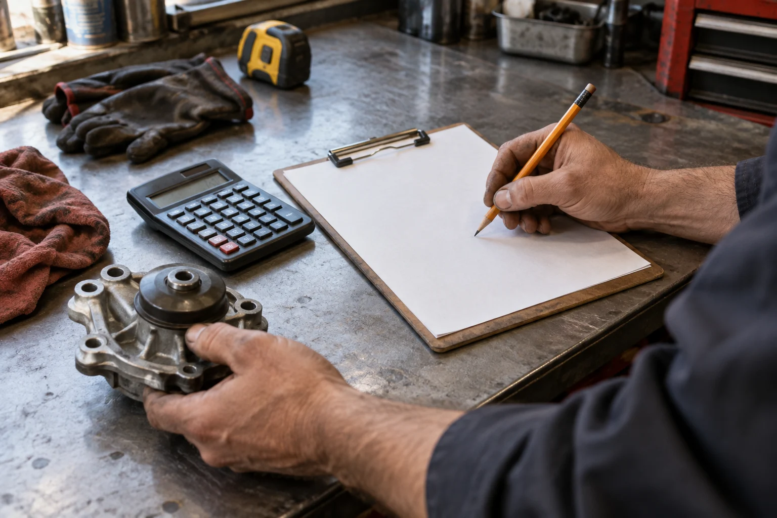 A mechanic preparing a written estimate beside a calculator and replacement part