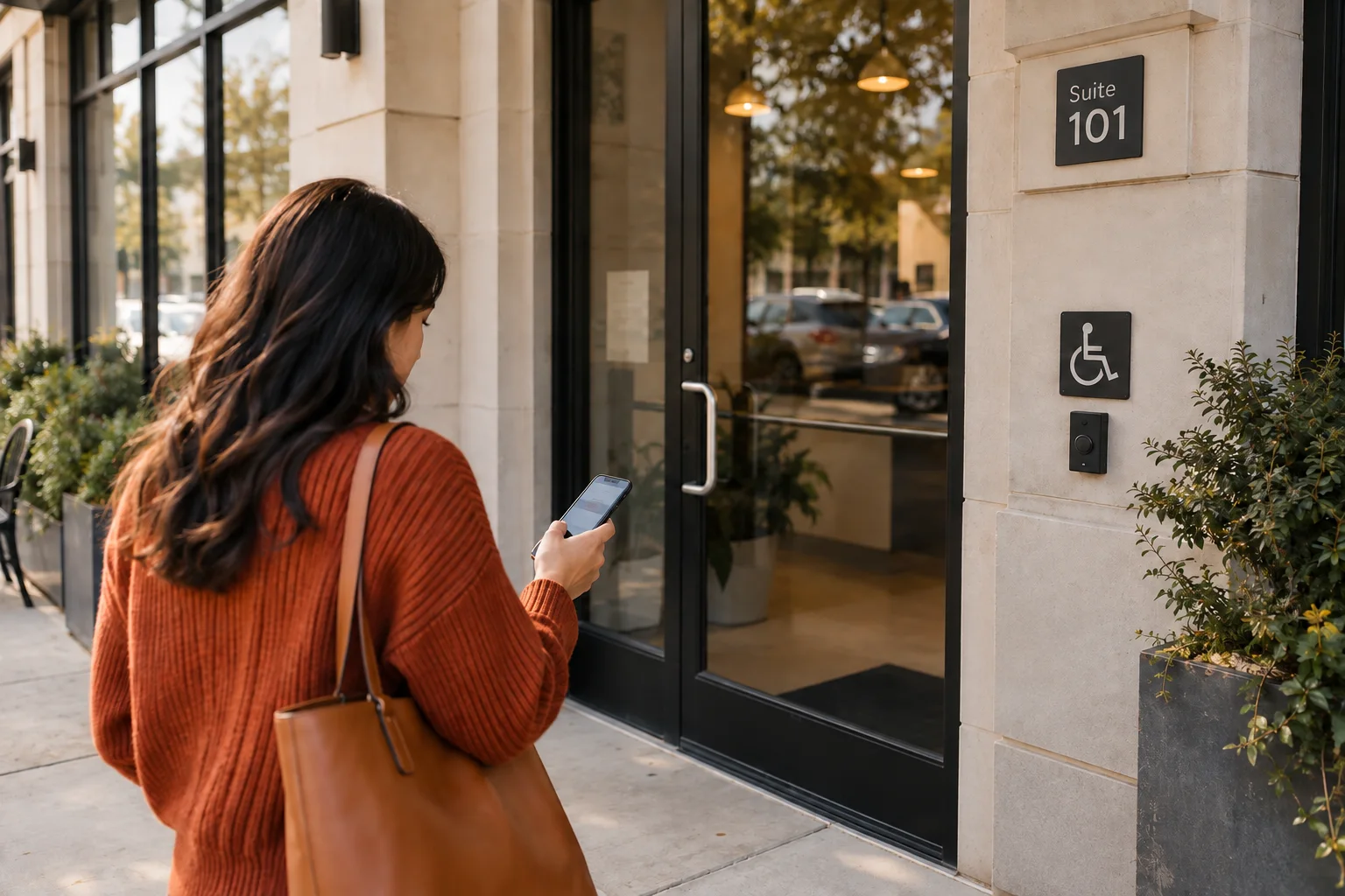 A customer checks a phone while arriving at the clearly marked entrance of a local business