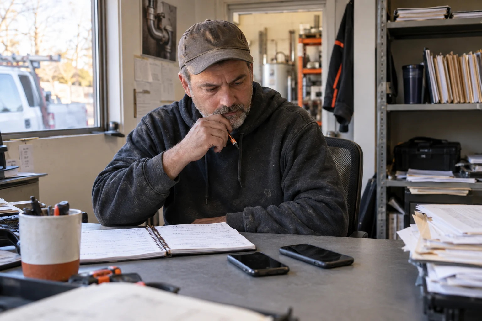 A local plumbing company owner comparing a customer referral notebook with two phones
