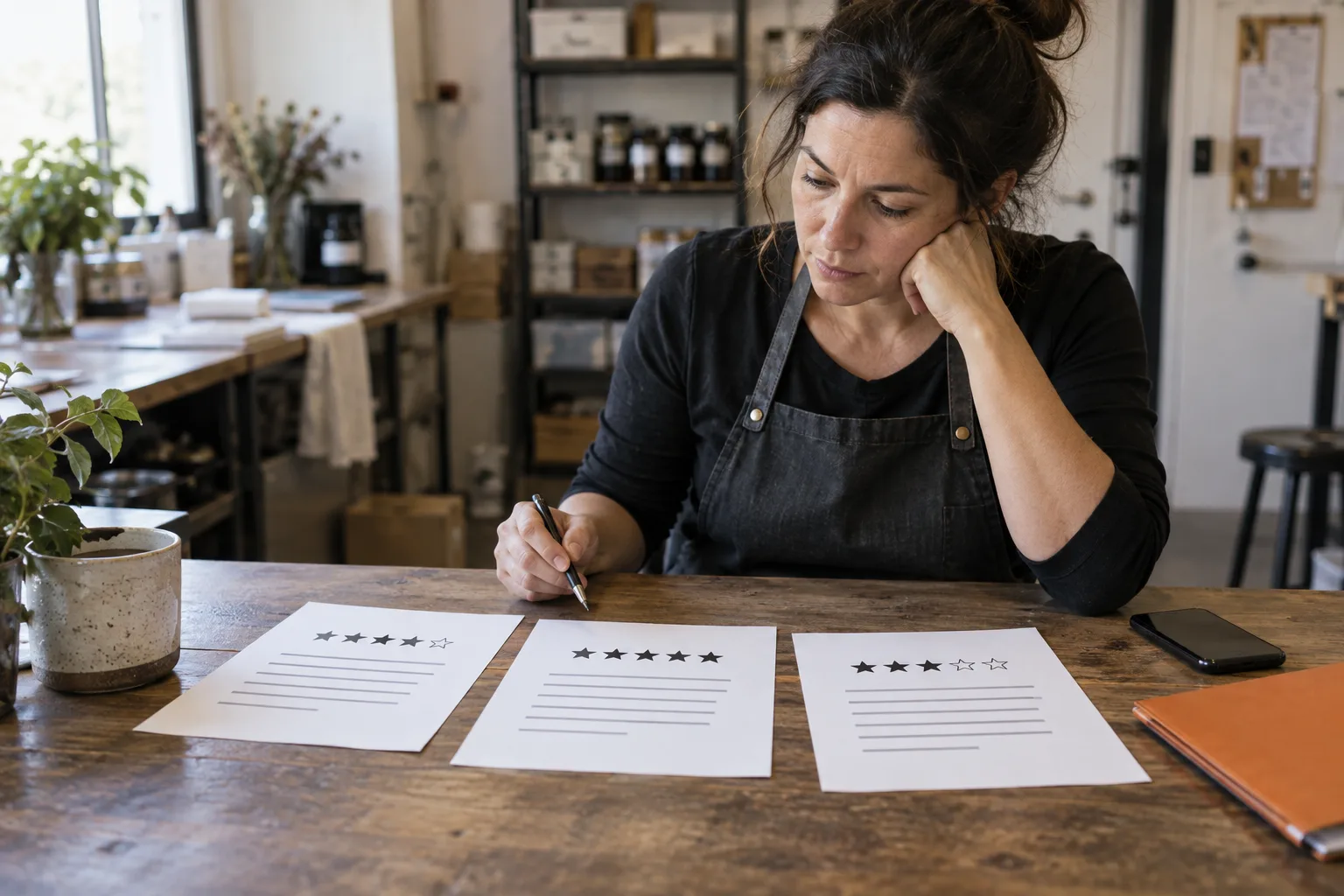 A local business owner compares three printed customer review summaries